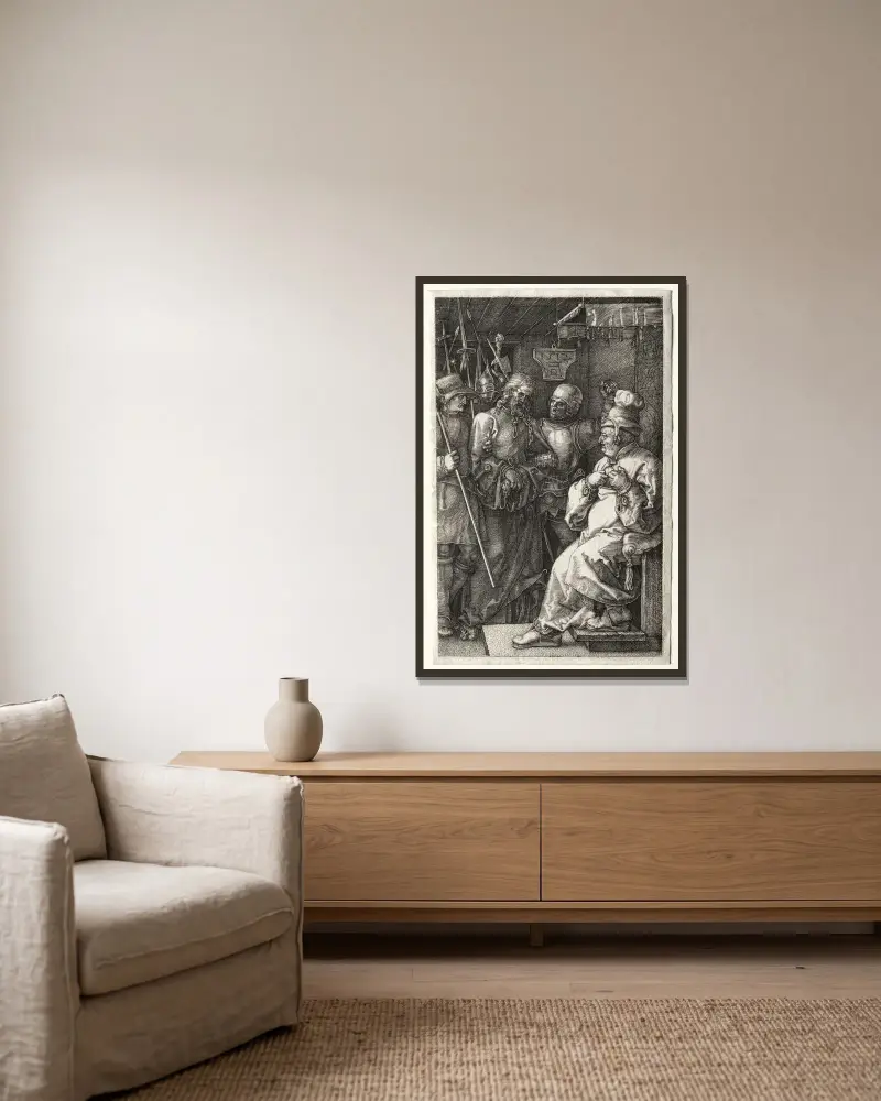 Christ before Caiaphas av Albrecht Dürer inramad på en vägg