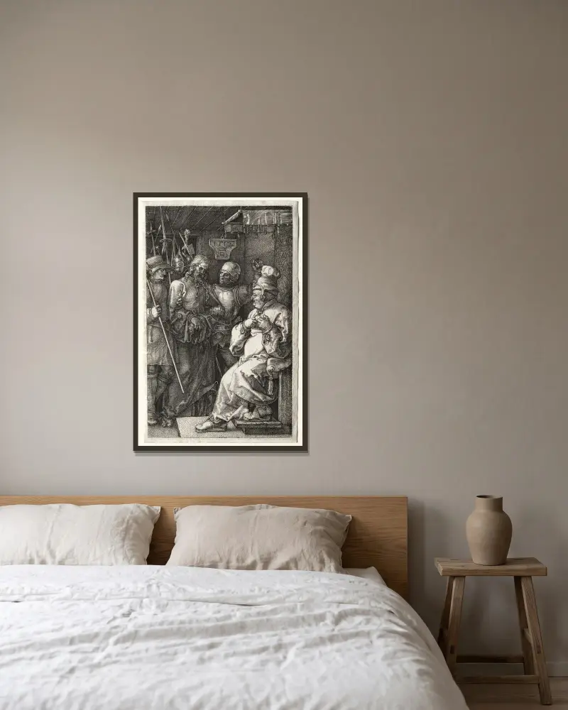 Christ before Caiaphas av Albrecht Dürer inramad på en vägg