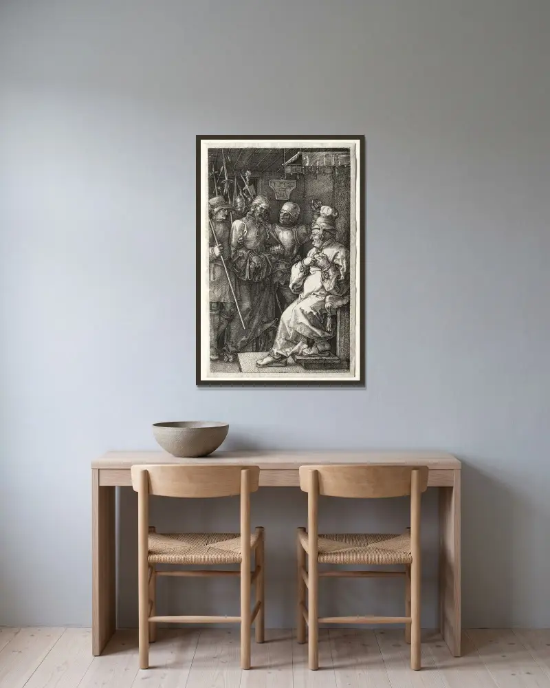 Christ before Caiaphas av Albrecht Dürer inramad på en vägg