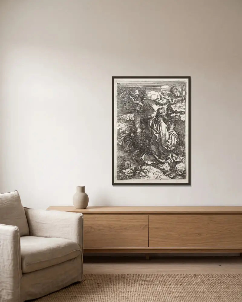 Kristus på Oljeberget, 1515 av Albrecht Dürer inramad på en vägg