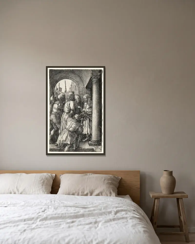 Kristus förs inför Pilatus av Albrecht Dürer inramad på en vägg
