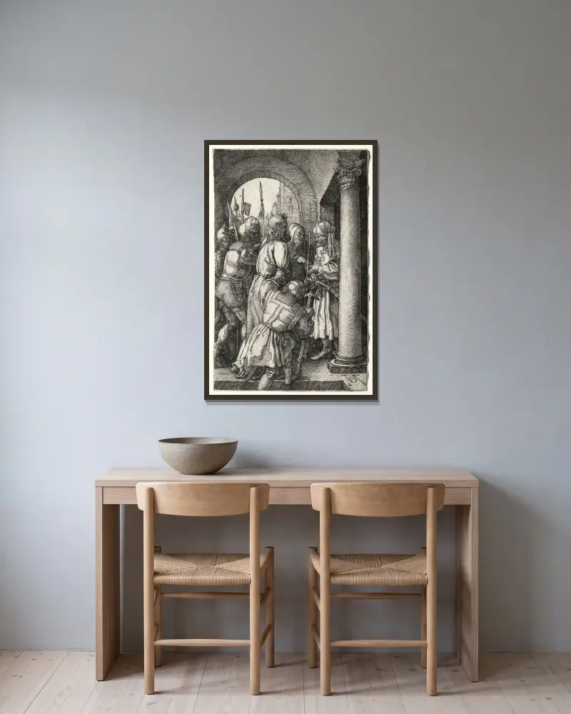 Kristus förs inför Pilatus av Albrecht Dürer inramad på en vägg