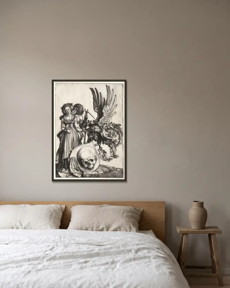 Vapensköld med dödskalle av Albrecht Dürer inramad på en vägg