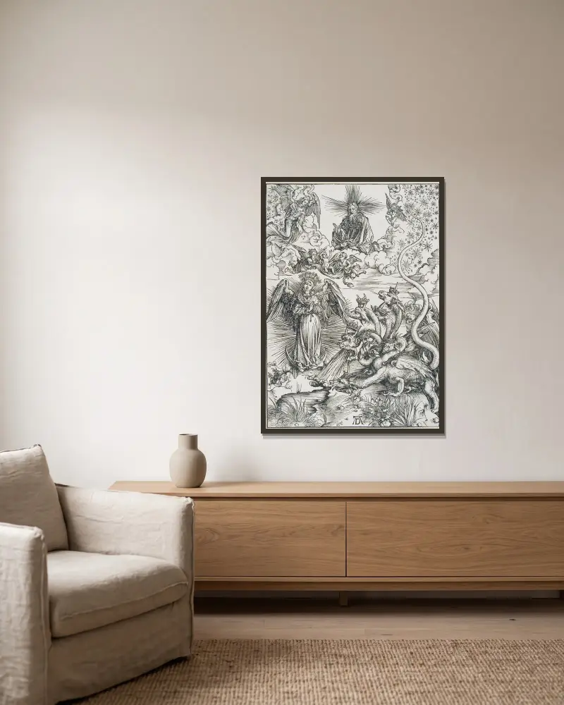Die Sonnenfrau und der siebenköpfige Drache von Albrecht Dürer gerahmt an einer Wand