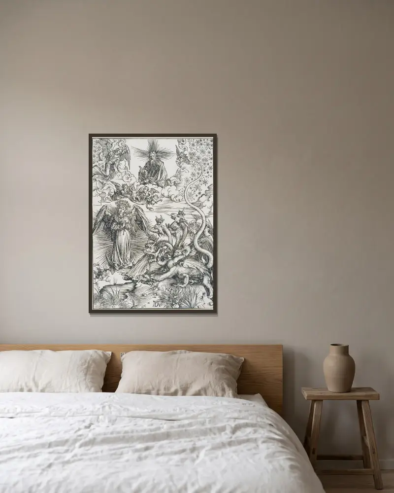Die Sonnenfrau und der siebenköpfige Drache von Albrecht Dürer gerahmt an einer Wand