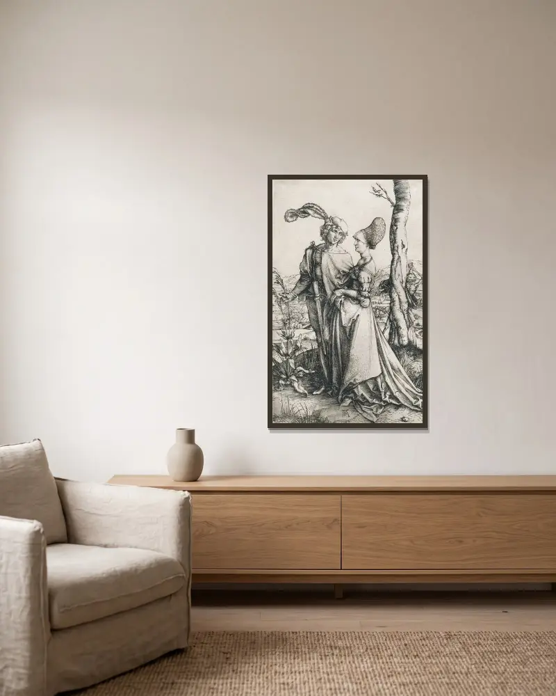 Death and the Lovers av Albrecht Dürer inramad på en vägg