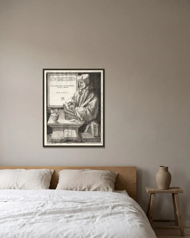 Desiderius Erasmus of Rotterdam av Albrecht Dürer inramad på en vägg