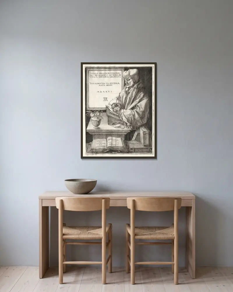 Desiderius Erasmus of Rotterdam av Albrecht Dürer inramad på en vägg