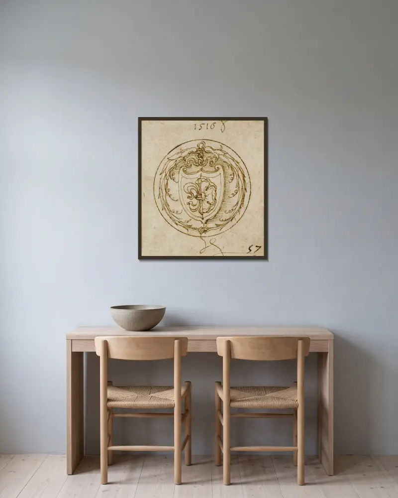 Design för ett ornament eller sigillring med Lazarus Spenglers vapen av Albrecht Dürer inramad på en vägg