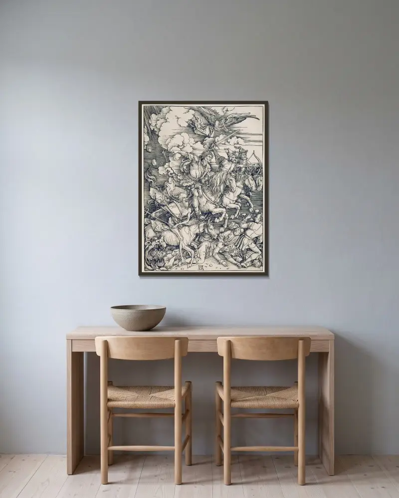 Die apokalyptischen Reiter von Albrecht Dürer gerahmt an einer Wand