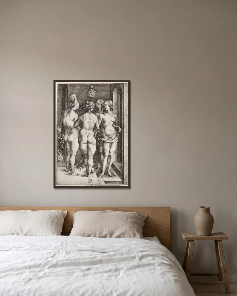 Fyra nakna kvinnor av Albrecht Dürer inramad på en vägg