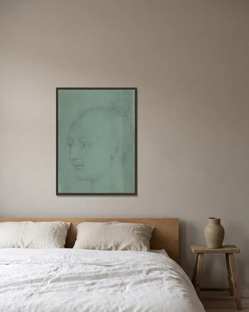 Kopf einer jungen Frau von Albrecht Dürer gerahmt an einer Wand