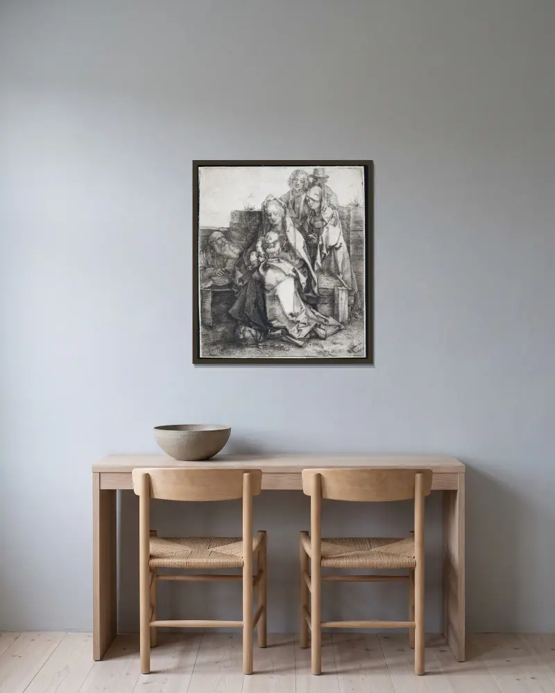 Den heliga familjen med Johannes, Magdalena och Nikodemus av Albrecht Dürer inramad på en vägg