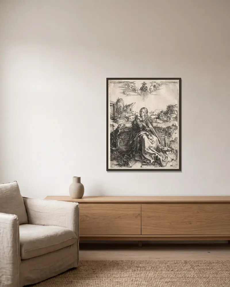 Den heliga familjen med fjärilen av Albrecht Dürer inramad på en vägg