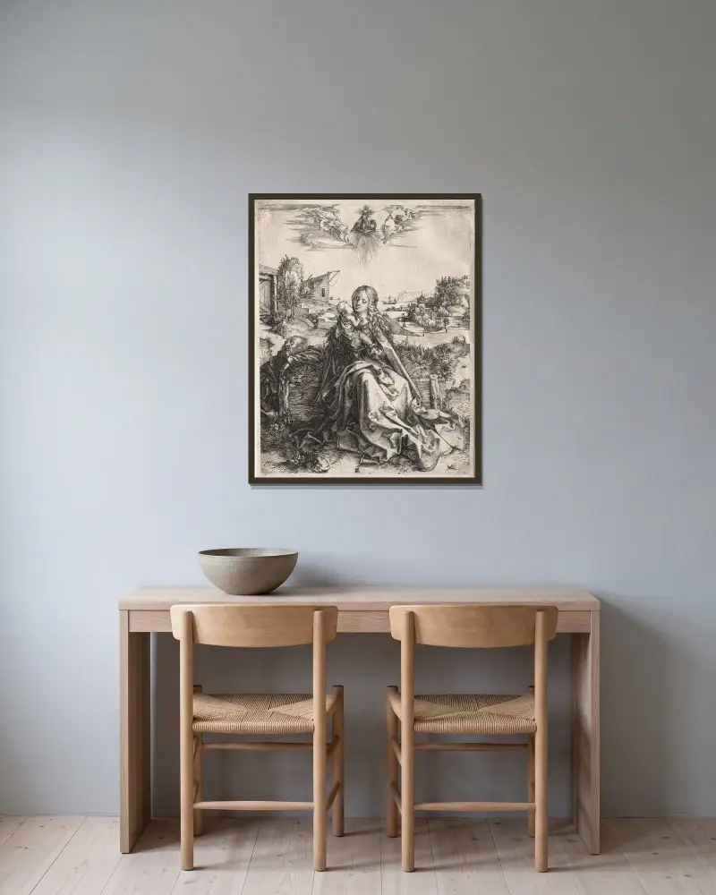 Den heliga familjen med fjärilen av Albrecht Dürer inramad på en vägg