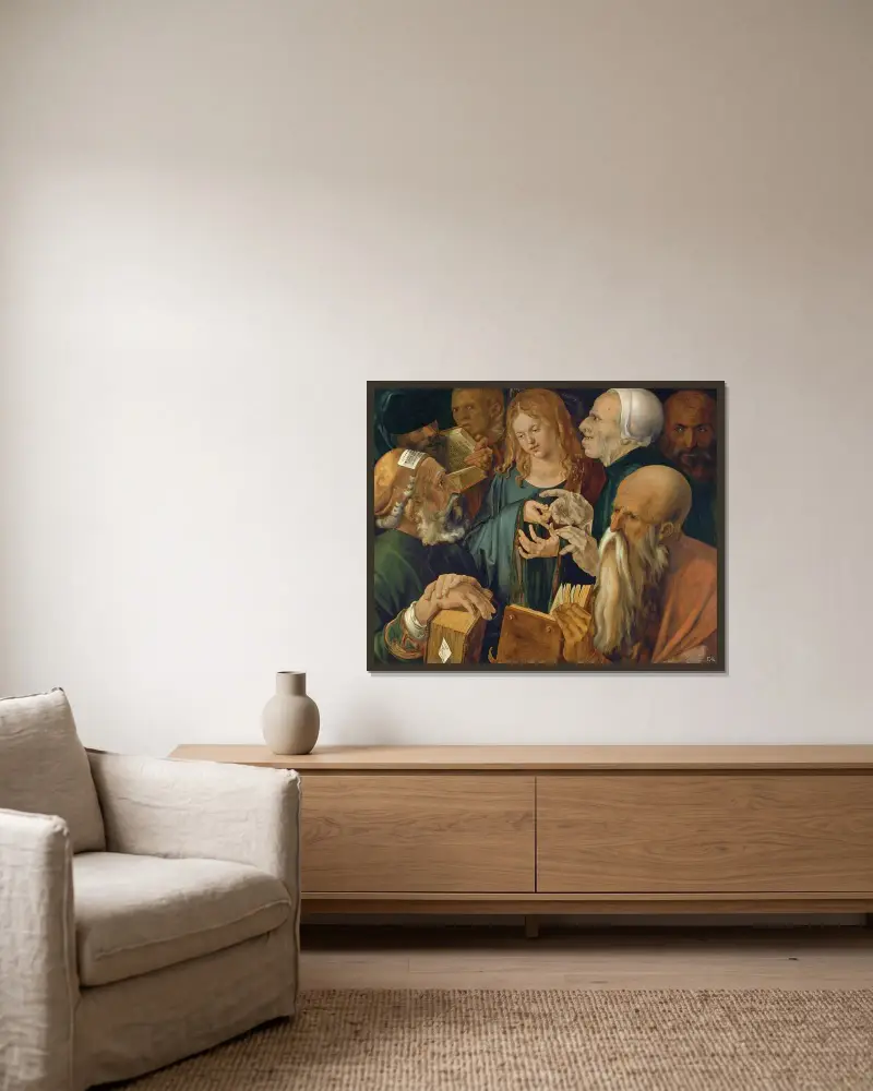 Jesus unter den Gelehrten von Albrecht Dürer gerahmt an einer Wand