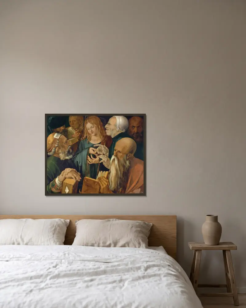 Jesus unter den Gelehrten von Albrecht Dürer gerahmt an einer Wand