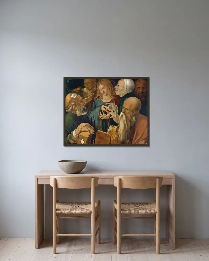 Jesus unter den Gelehrten von Albrecht Dürer gerahmt an einer Wand