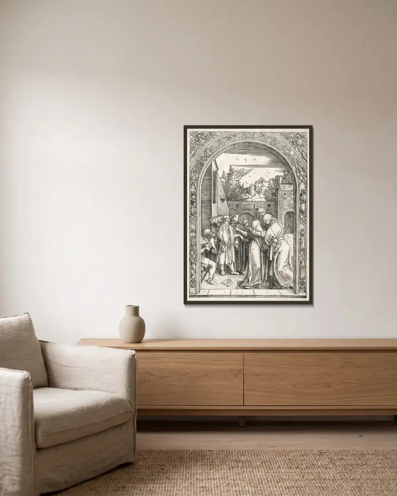 Joachim och Anna omfamnar varandra under den gyllene porten av Albrecht Dürer inramad på en vägg