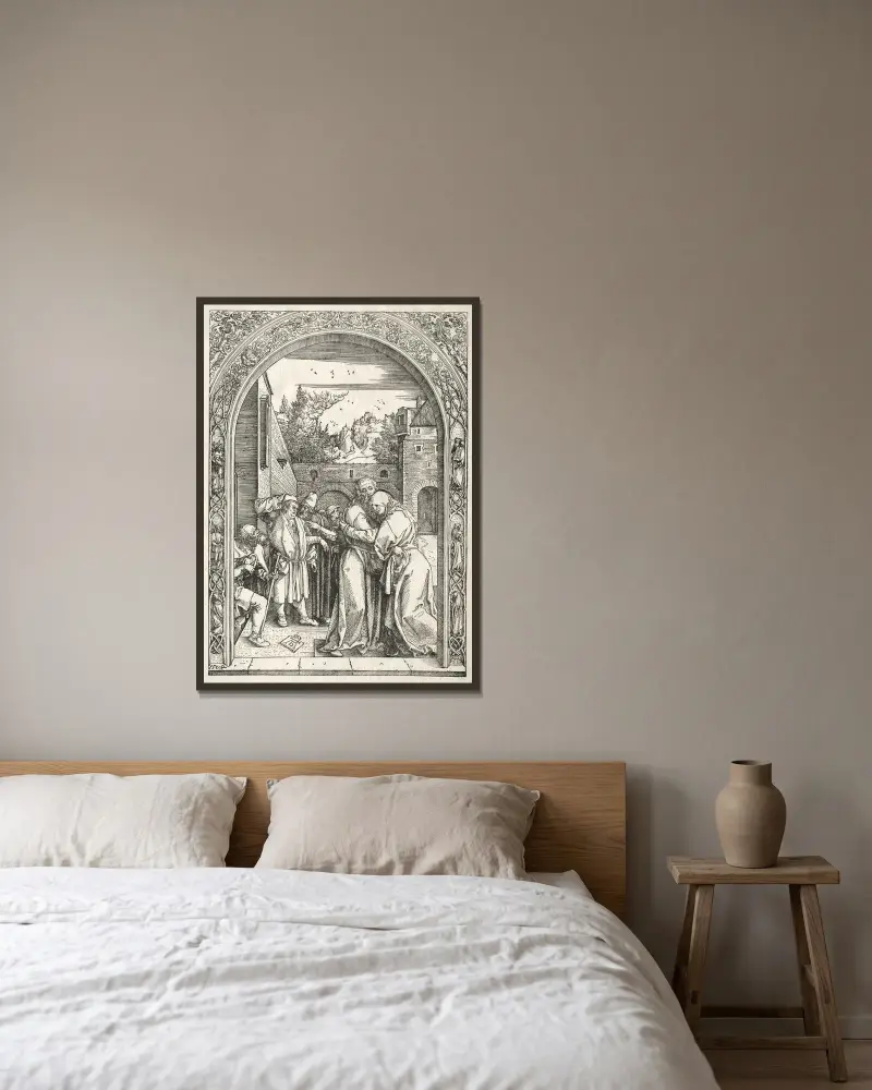 Joachim och Anna omfamnar varandra under den gyllene porten av Albrecht Dürer inramad på en vägg