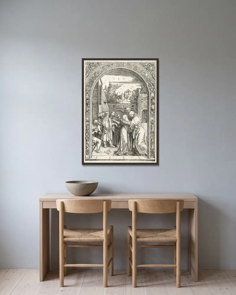 Joachim och Anna omfamnar varandra under den gyllene porten av Albrecht Dürer inramad på en vägg