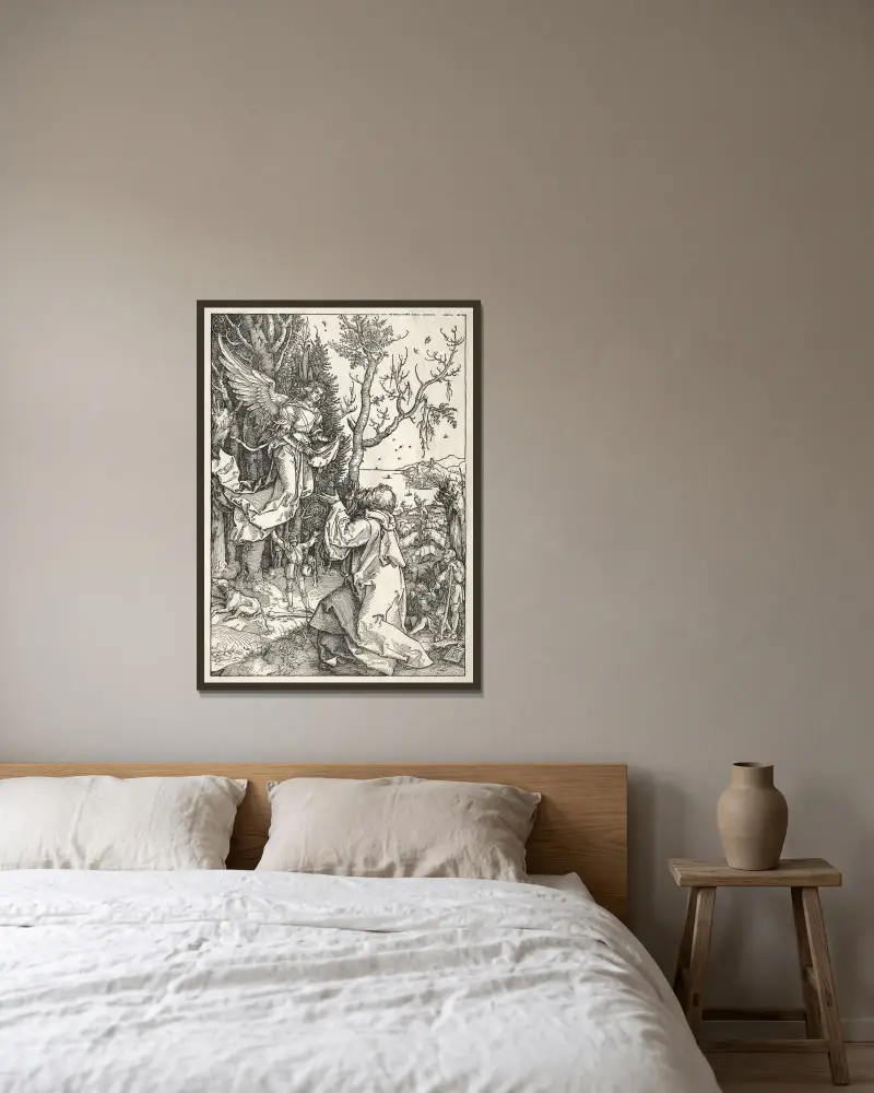 Joachim and the Angel av Albrecht Dürer inramad på en vägg
