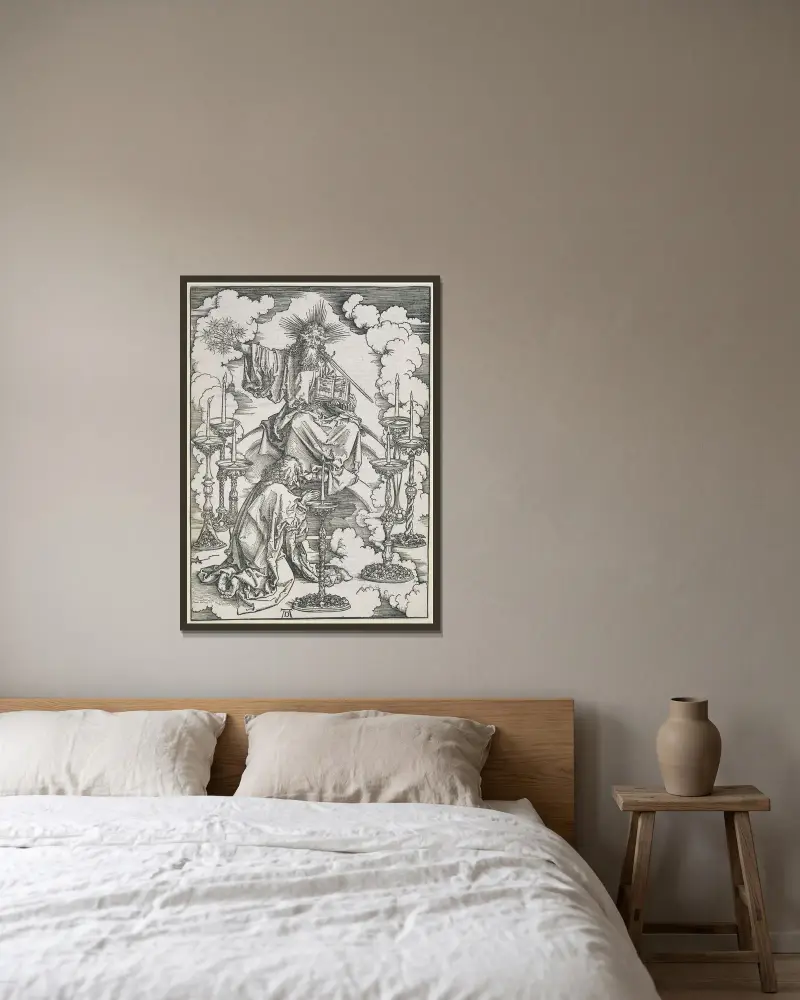 Jan widzi siedem świeczników, Albrecht Dürer w ramie na ścianie