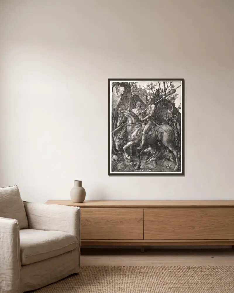 Knight, Death, and the Devil, 1513 av Albrecht Dürer inramad på en vägg