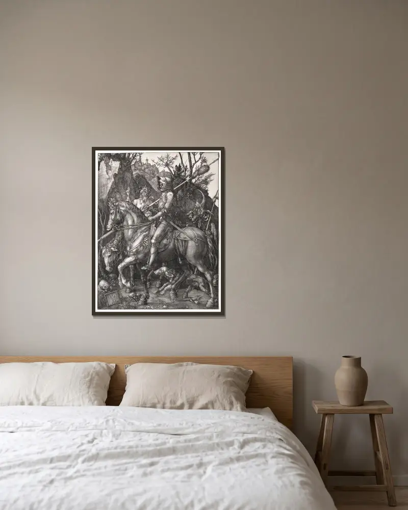Knight, Death, and the Devil, 1513 av Albrecht Dürer inramad på en vägg