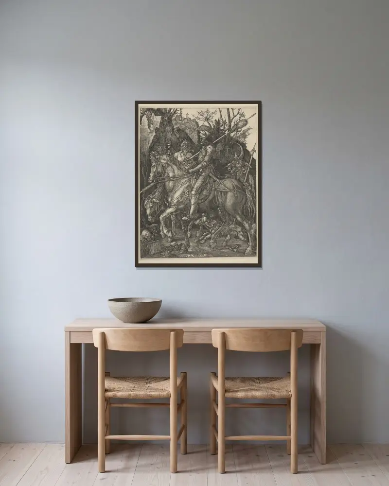 Rytíř, smrt a ďábel – Nr. 1, Albrecht Dürer v rámu na stěně