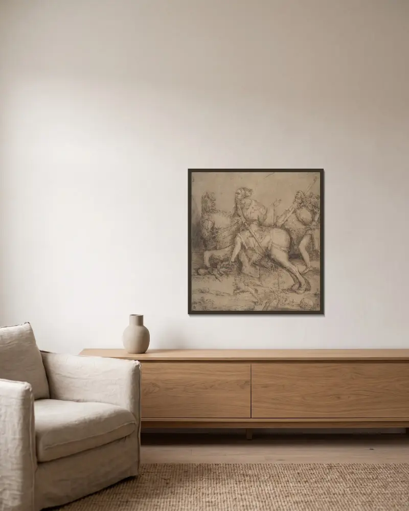 Riddare till häst och landsknekt av Albrecht Dürer inramad på en vägg