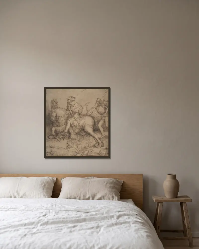 Riddare till häst och landsknekt av Albrecht Dürer inramad på en vägg