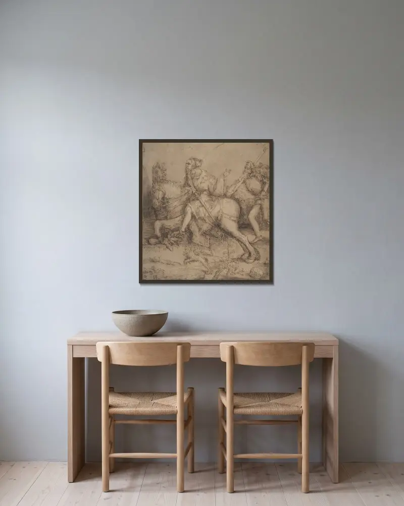 Riddare till häst och landsknekt av Albrecht Dürer inramad på en vägg