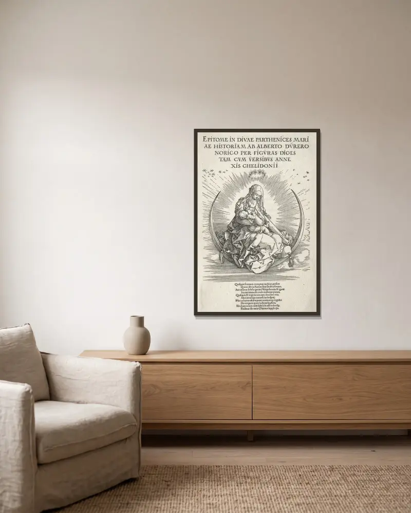 Marias liv – titelblad av Albrecht Dürer inramad på en vägg