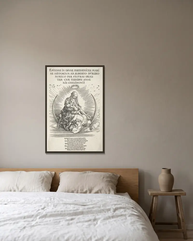 Marias liv – titelblad av Albrecht Dürer inramad på en vägg