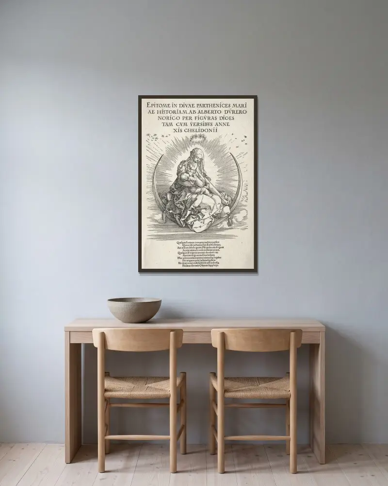 Marias liv – titelblad av Albrecht Dürer inramad på en vägg