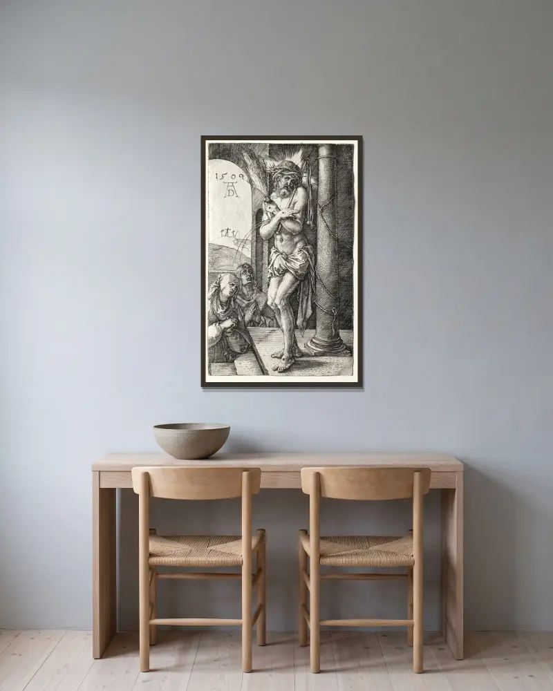 Smärtornas man vid pelaren av Albrecht Dürer inramad på en vägg