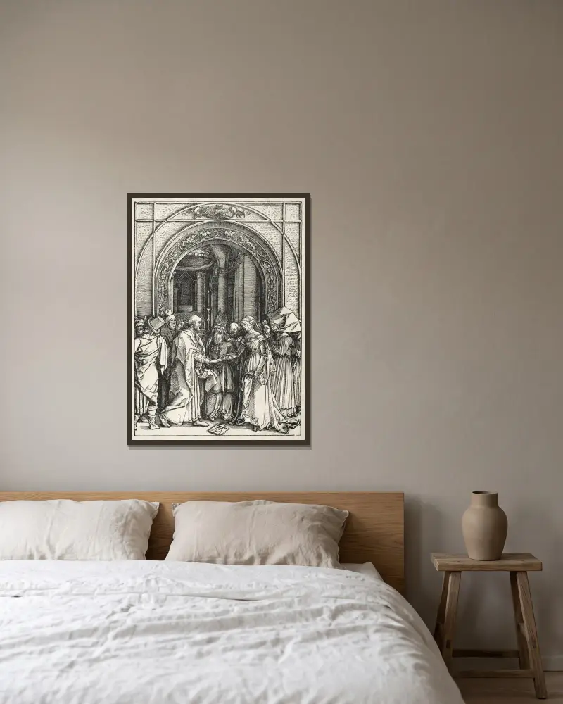 Marias och Josefs trolovning av Albrecht Dürer inramad på en vägg
