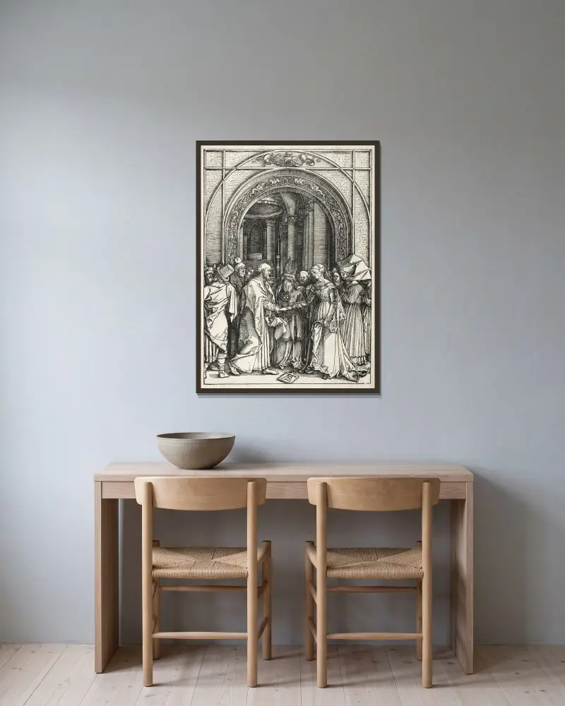 Marias och Josefs trolovning av Albrecht Dürer inramad på en vägg