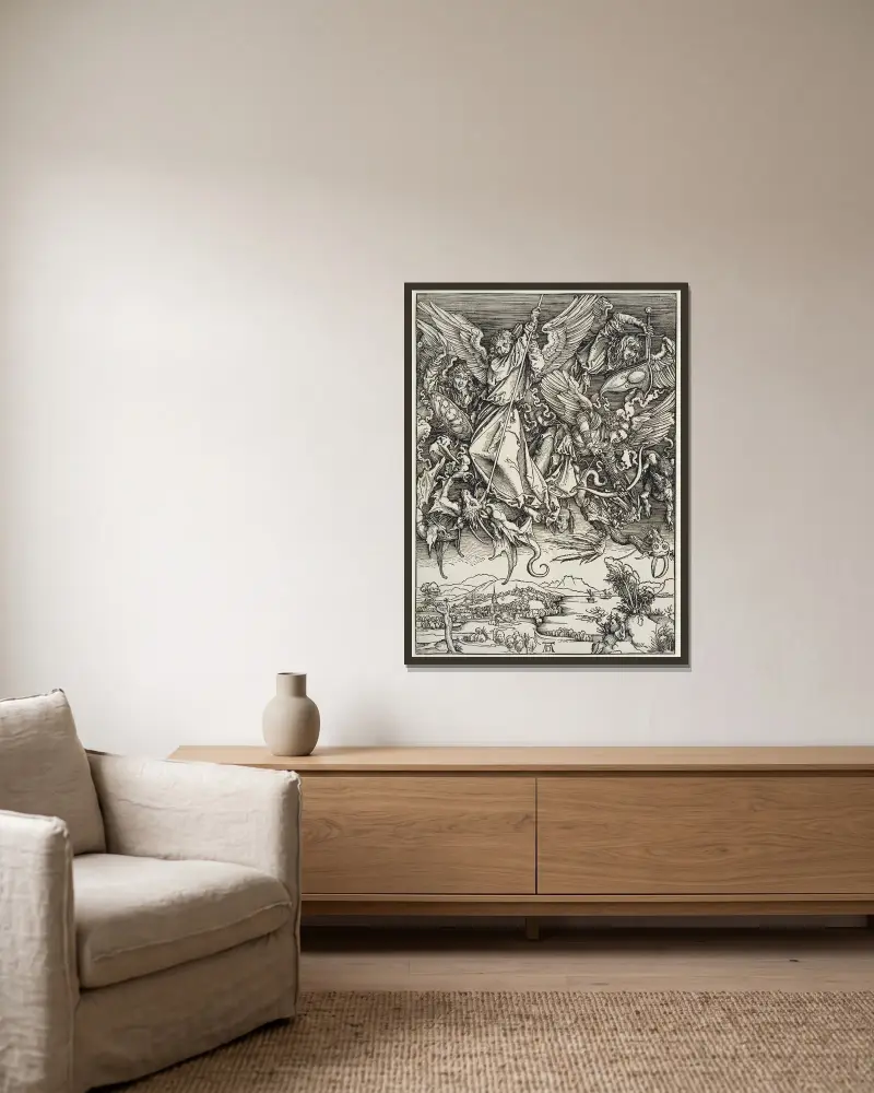Michaels Kampf mit dem Drachen von Albrecht Dürer gerahmt an einer Wand