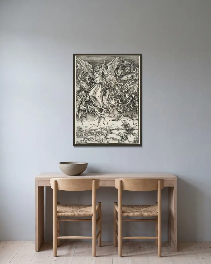 Michaels Kampf mit dem Drachen von Albrecht Dürer gerahmt an einer Wand