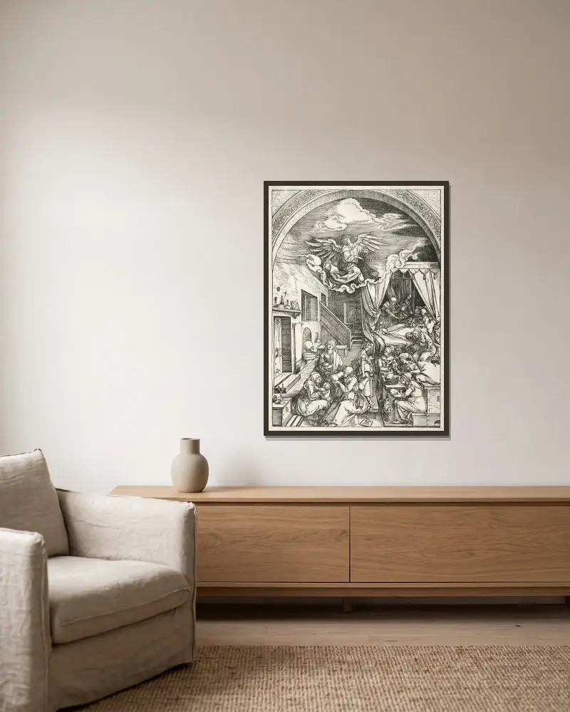 Nativity of the Virgin av Albrecht Dürer inramad på en vägg