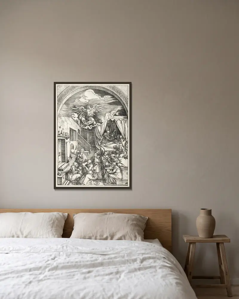 Nativity of the Virgin av Albrecht Dürer inramad på en vägg