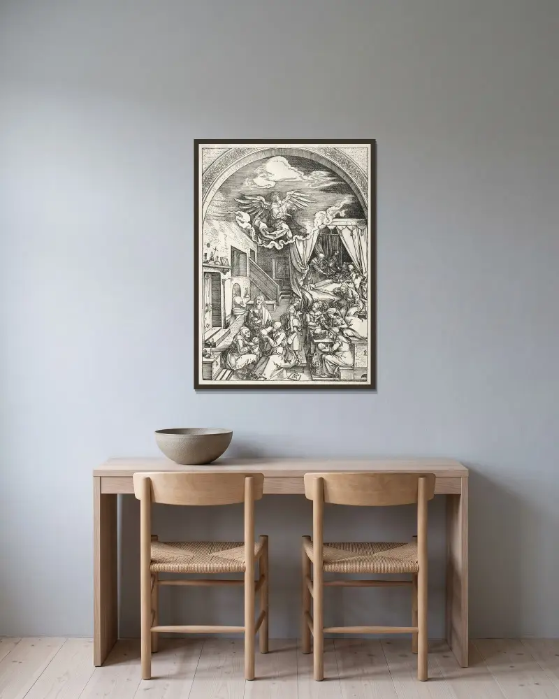 Nativity of the Virgin av Albrecht Dürer inramad på en vägg