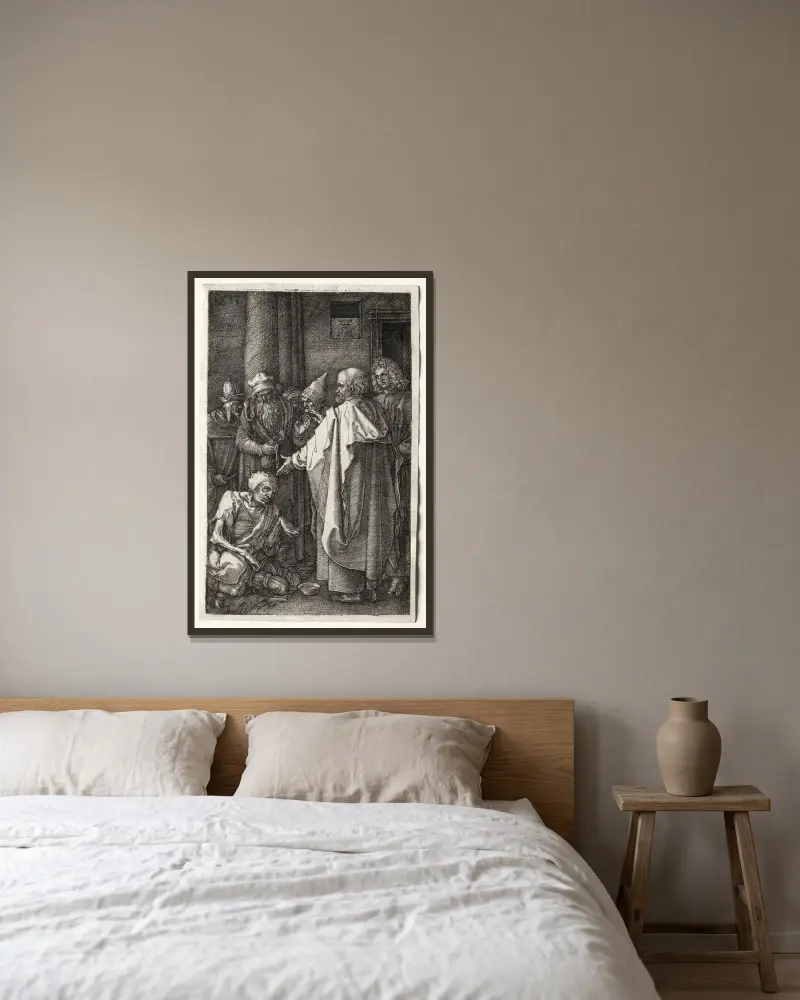 Petrus och Johannes botar den lame vid templets port av Albrecht Dürer inramad på en vägg