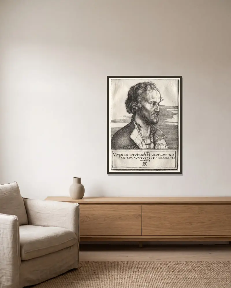 Philipp Melanchthon av Albrecht Dürer inramad på en vägg