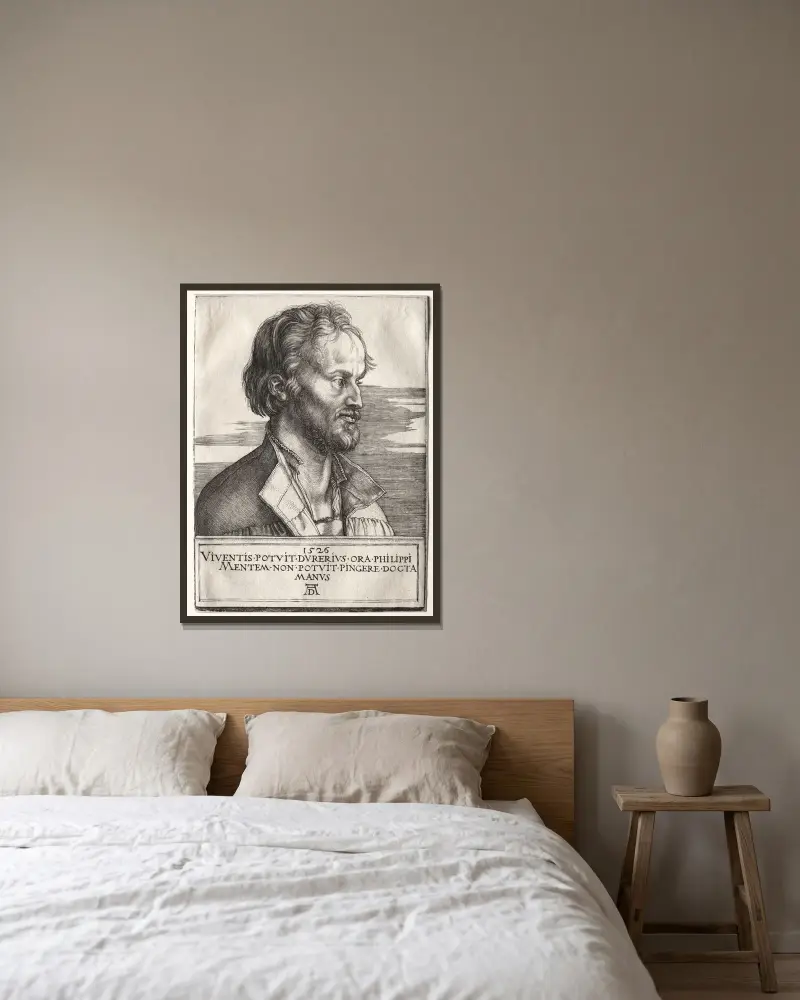 Philipp Melanchthon av Albrecht Dürer inramad på en vägg