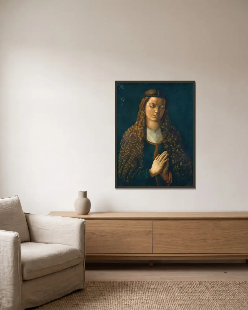 Porträtt av en ung kvinna med utsläppt hår av Albrecht Dürer inramad på en vägg