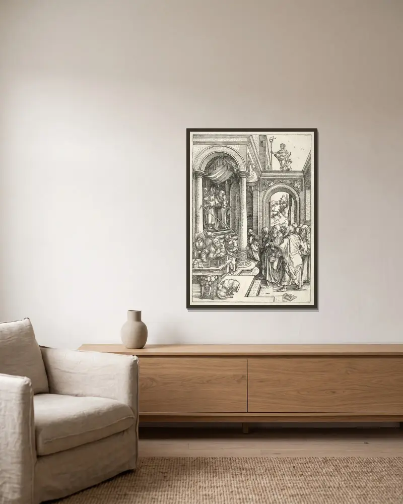 Die Darstellung der jungen Maria im Tempel von Albrecht Dürer gerahmt an einer Wand