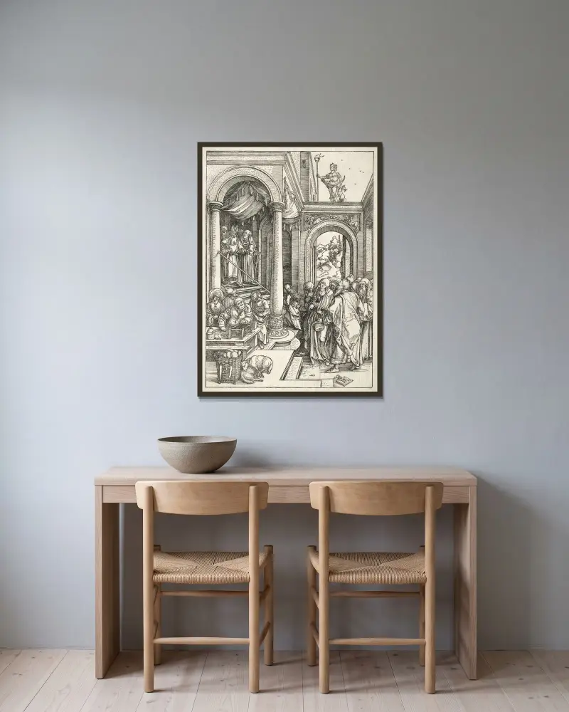 Die Darstellung der jungen Maria im Tempel von Albrecht Dürer gerahmt an einer Wand